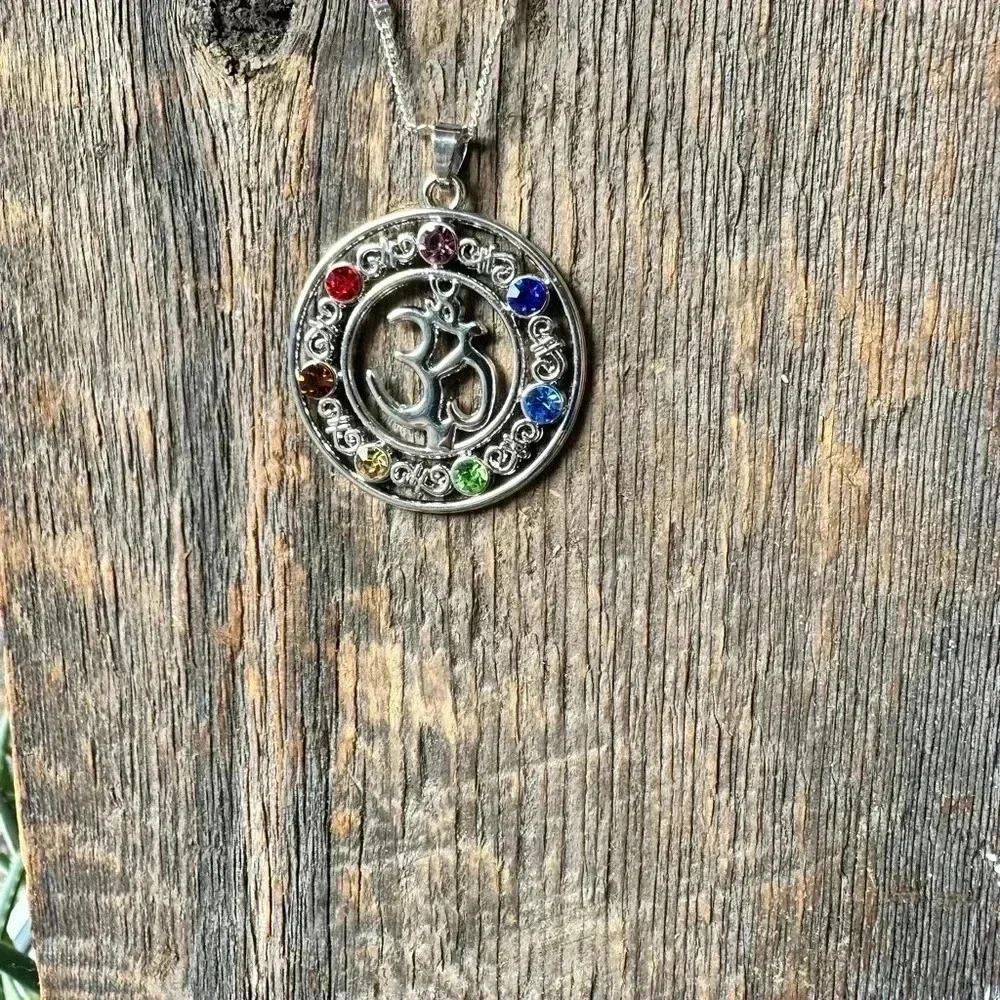 925 sterling silver chain,multi color stone pendant yoga Aum mediation - Picture 8 of 16